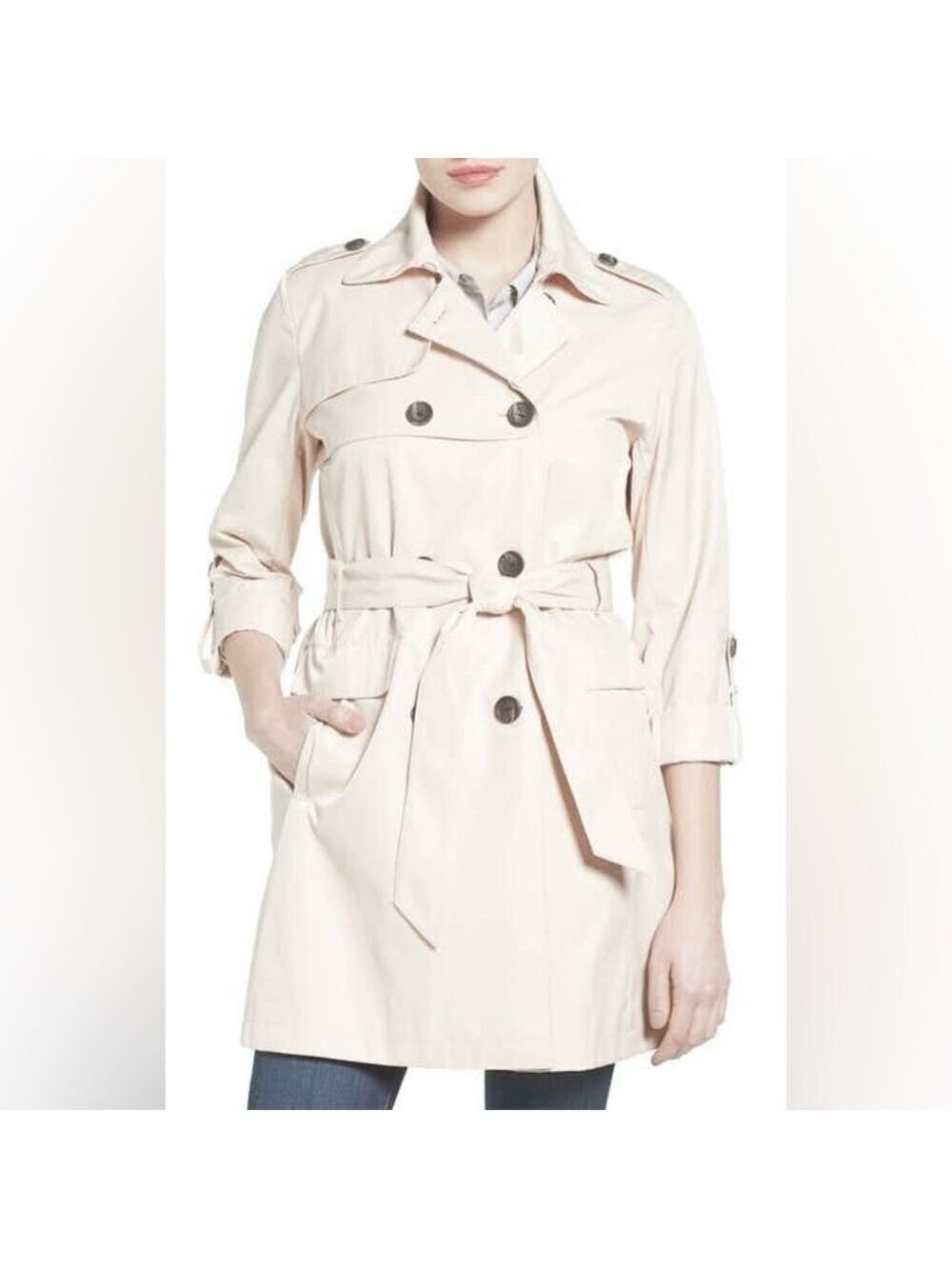 Vince Camuto Classic Double Breasted Trench Coat Beige Roll Tab Sleeves, size XS